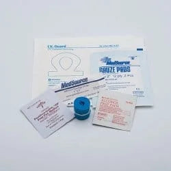 The MS-80040 Kit contains:  • A MedSource I.V. Guard Catheter Dressing (MS-11101) • Alcohol Prep Pad • 2” x 2“ Sterile Gauze Sponge • Povidone Iodine Prep Pad • Latex Free Rolled Tourniquet