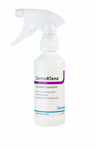 DermaKlenz Wound cleanser 8 oz with zinc. Contains no detergents. No rinsing required. Adjustable spray nozzle creates direct stream or gentle mist with appropriate psi which facilitates the removal of organic material, slough, blood clots, and other wound debris.