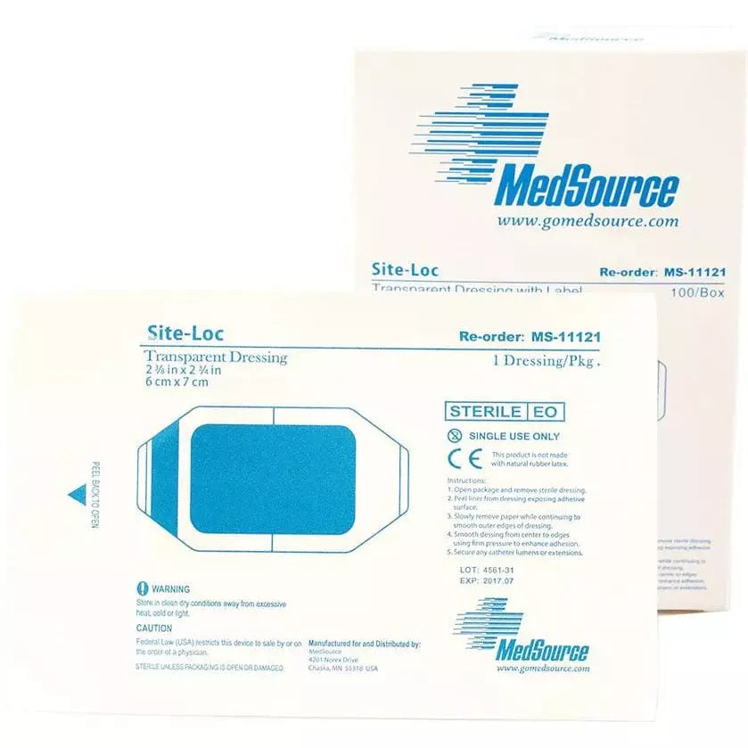 The MedSource Site-Loc Transparent Dressing has a notched design to provide a better seal around the catheter. The breathable film allows moisture vapor and oxygen exchange. The waterproof dressing provides a breathable, bacterial and viral barrier to outside contaminants and allows the wearer to shower.