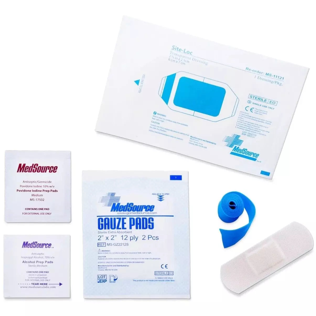 MS-80045 Kit Contents: • A MedSource Site-Loc Transparent Dressing • Alcohol Prep Pad • 2” x 2” Sterile Gauze Sponges • Povidone Iodine Prep Pad •1” x 3” Sterile Bandage • Latex Free Rolled Tourniquet